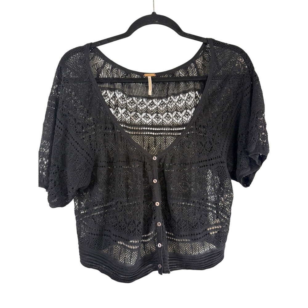 Free People Womens Black Pointelle Knit Button Front Short Sleeve Cardigan L